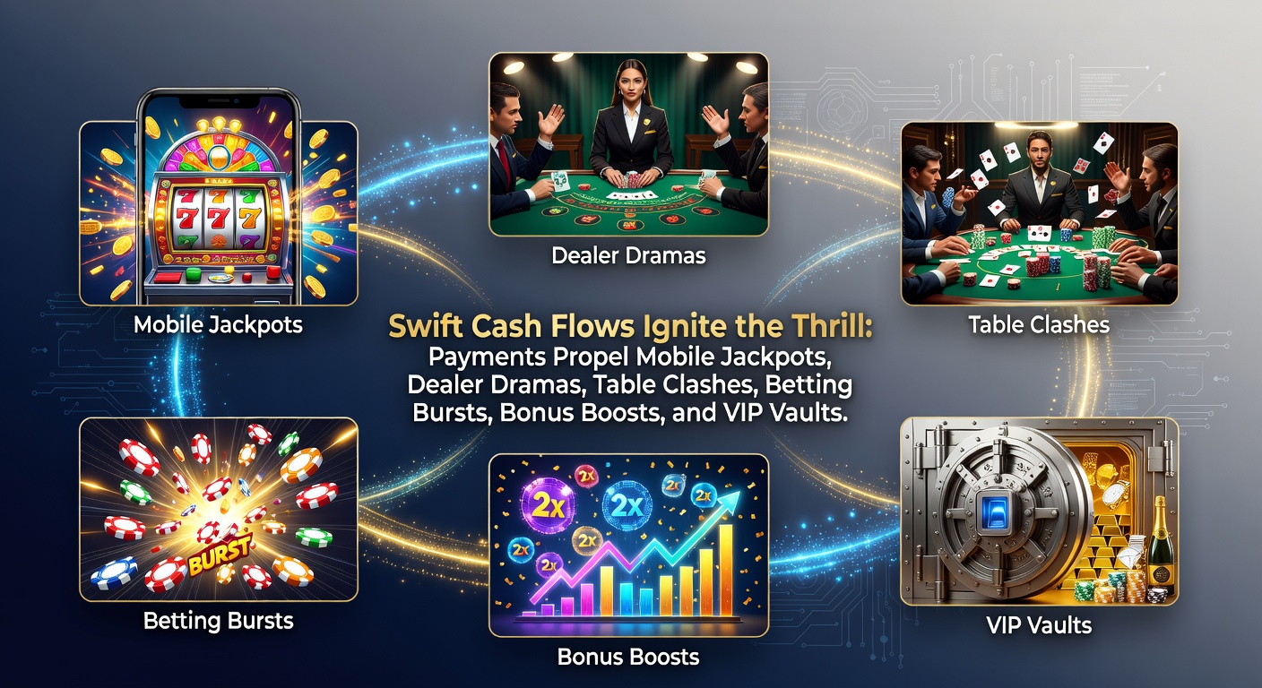 Smartphone mit blitzschnellen Casino-Zahlungen und explodierenden Jackpots im Vordergrund, umgeben von Live-Dealer-Szenen und VIP-Elementen